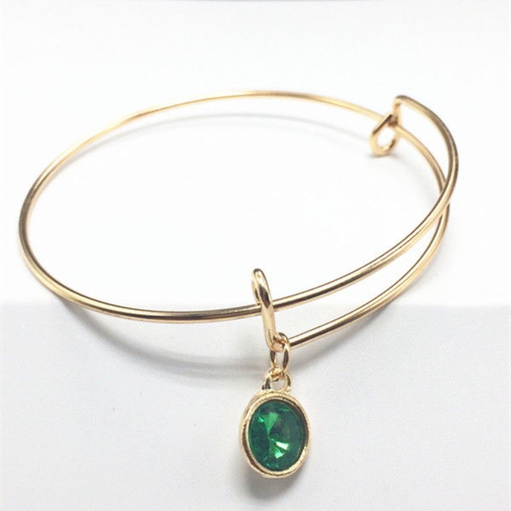 Gold Expandable Wire Solitaire Emerald May Birthstone Charm Bangle Bracelet